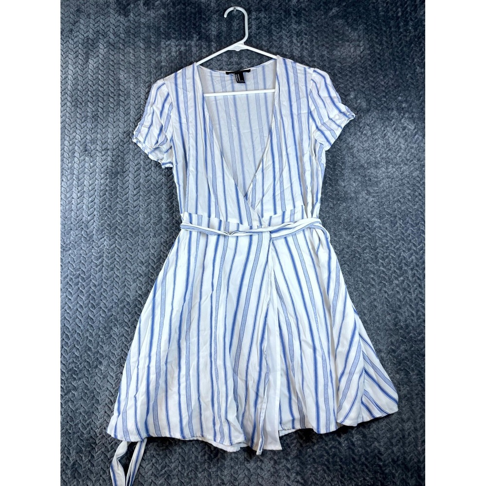 Forever 21 Wrap Dress Womens Medium Blue White Striped Rayon Short Sleeve V-Neck